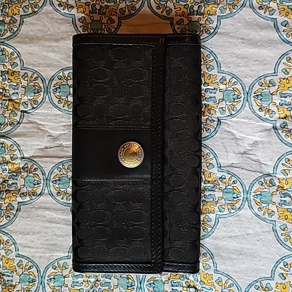 Coach Vintage Black Signature C Jacquard Trifold Long Wallet Snap